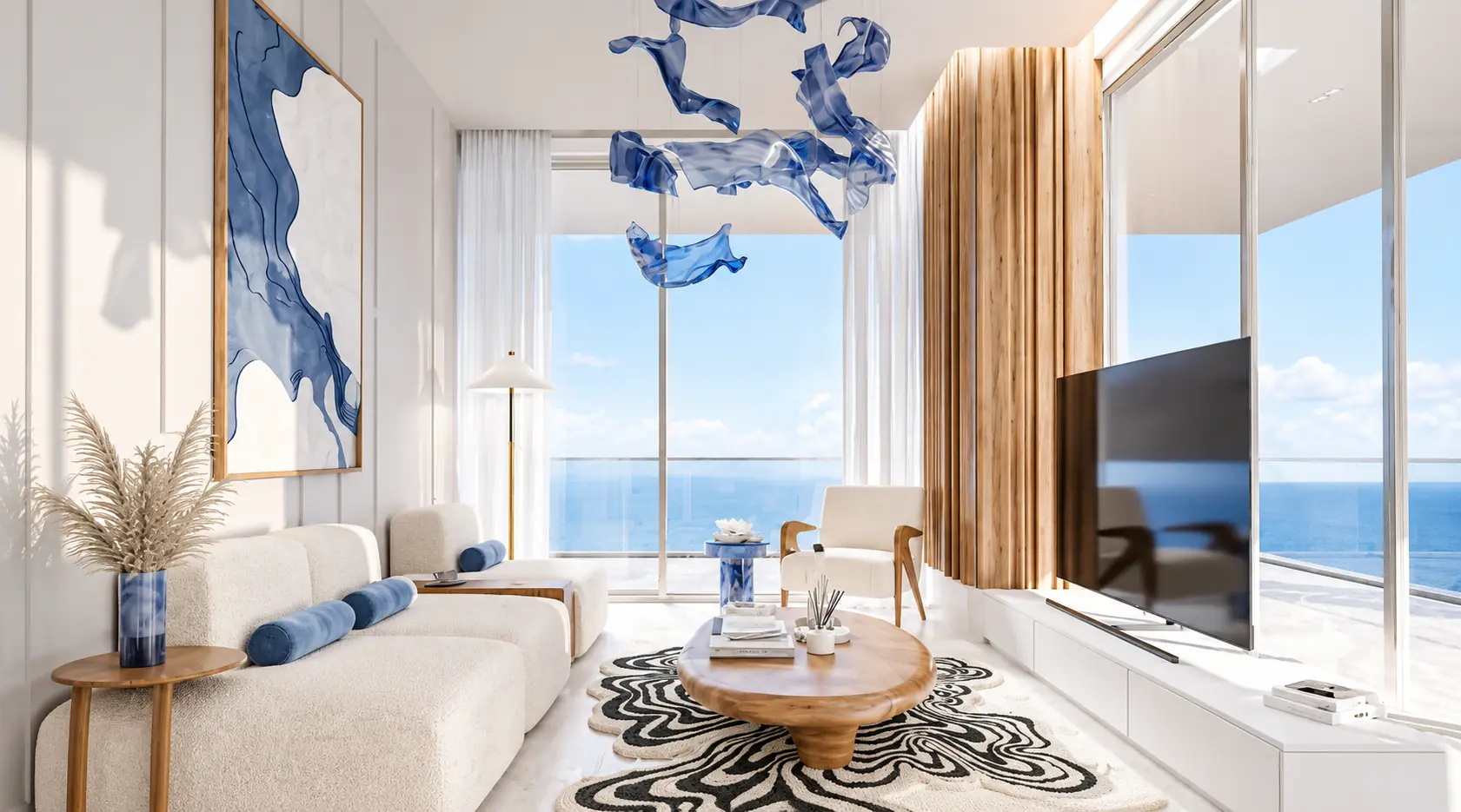 Riviera Heights illustrative render — Light-filled living.